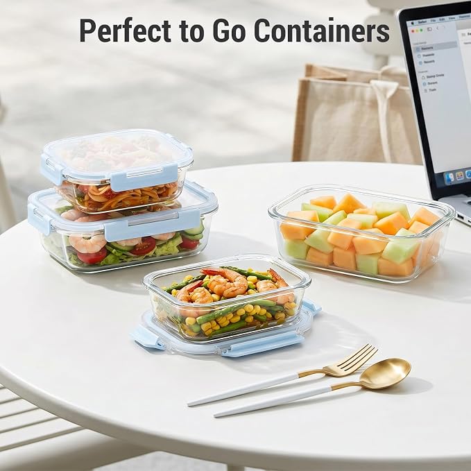 Dealusy 10 Sets 36 oz & 12 oz Glass Food Storage Containers with lids, Blue | 20-Piece Airtight Leak-proof Glass Meal Prep Containers with Lids, Microwave Oven Freezer Dishwasher Safe