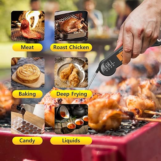 Waterproof Instant Read Digital Meat Thermometer for Cooking and Grilling, Food Thermometer with Backlight, Magnet, Calibration, and Foldable Probe, Bottle Cap Opener for Kitchen Gadgets, BBQ, Grill