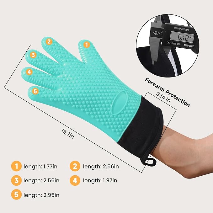 GEEKHOM BBQ Gloves Heat Resistant Oven Mitts - Silicone Grilling Gloves with 13.7" Arm Protection - Waterproof Pot Holder Non-Slip for Men & Women, Kitchen Outdoor Cooking, Baking, Camping, Turquoise