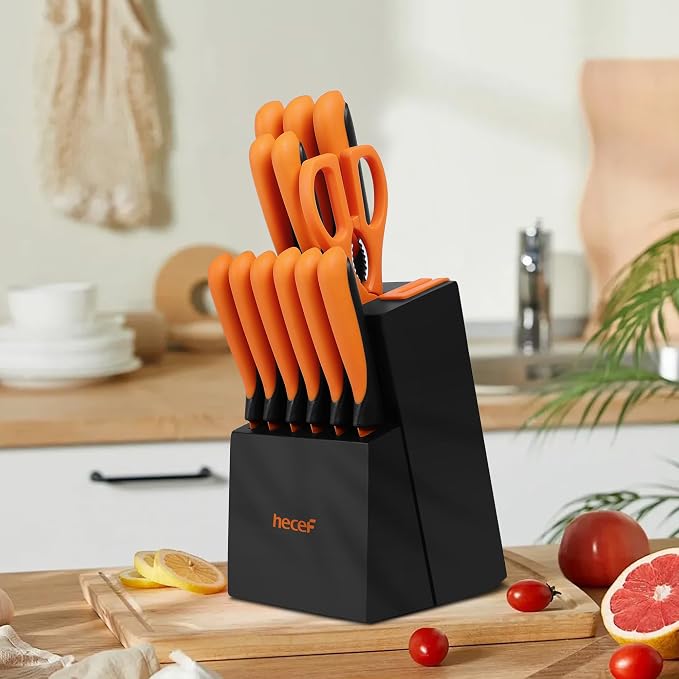 hecef 14 Pieces Kitchen Knife Set with Built-in Sharpening Wooden Block, Dishwasher Safe, High Carbon Stainless Steel Knife Block Set with Steak Knives, Kitchen Scissors (Orange)