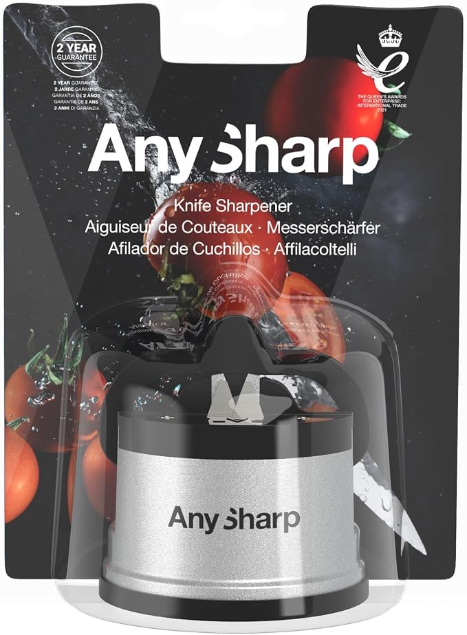 AnySharp – GLOBAL – Hands Free Knife Sharpener - Easy to Use Sharpening Tool with PowerGrip Suction Base and 20-Degree Pre-set Angle - For All Knives: Chef’s, Serrated, and Hardened Steel - Silver