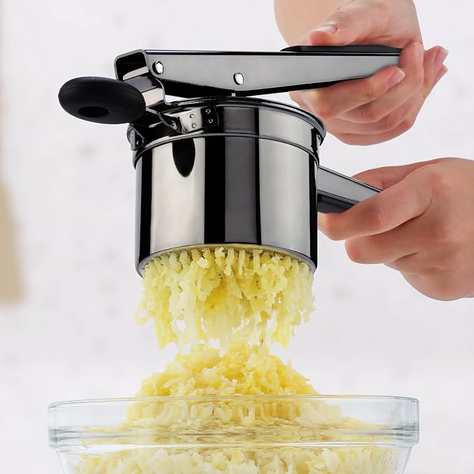 Zulay Kitchen Large 15oz Potato Ricer, Heavy Duty Stainless Steel Potato Masher and Ricer for Mashed Potatoes, Mashed Potato Masher & Potato Press Gadget for Perfect Mashed Potatoes - Metallic Black