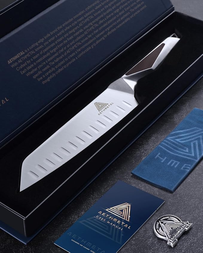 7 Inch Santoku Knife, Full Tang Kitchen Knife with Hollow-Ground Blade, High Carbon Stainless Steel Chef Knife for Meat, Vegetables & Fruits, Ergonomic Metal Handle, Premium Gift Box