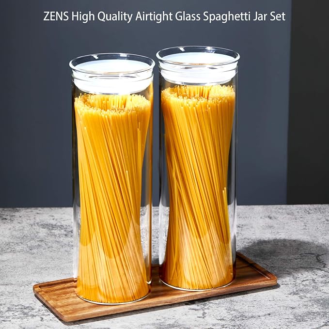 ZENS Glass Spaghetti Storage Container, 65oz Tall Glass Jars Set of 2 | Borosilicate Glass Canisters with Airtight Lids, Spaghetti Pasta Airtight Storage Jars for Kitchen Pantry