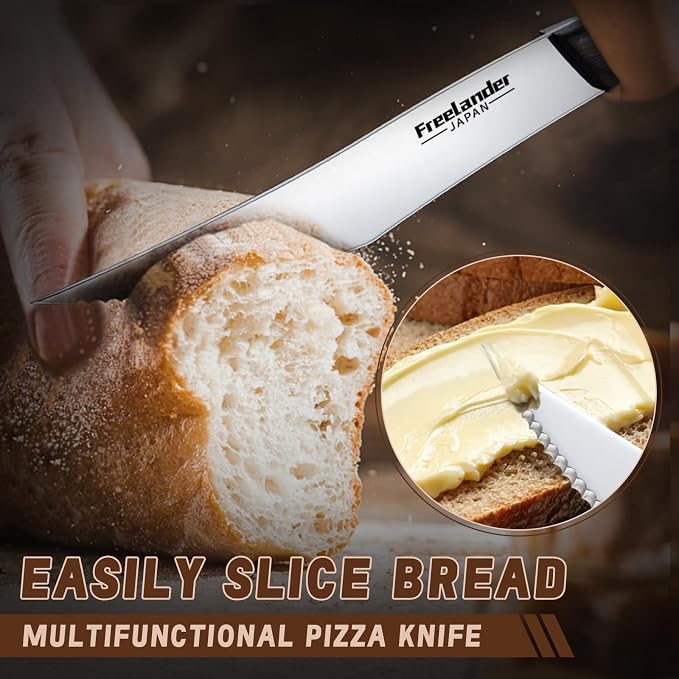 Freelander 4-Piece Pizza Knife Cutter Set, Sharp Serrated Stainless Steel Blades, Full Tang Forged Design, Ergonomic Non-Slip Handle, Durable, Rust-Resistant & Dishwasher Safe