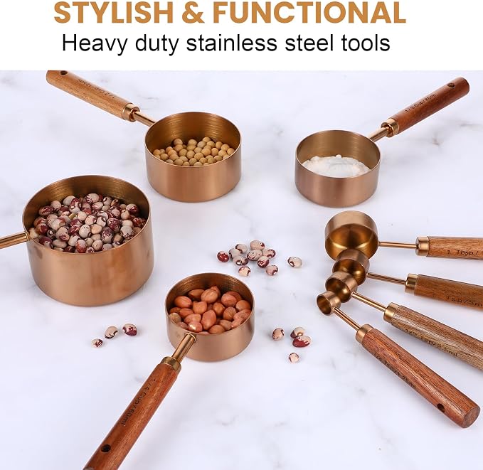 8-Piece Stainless Steel Measuring Cups and Spoons Set - Rose Gold Baking Measuring Cups and Spoons Set with Wooden Handles for Cooking & Baking (US & Metric Measurements)