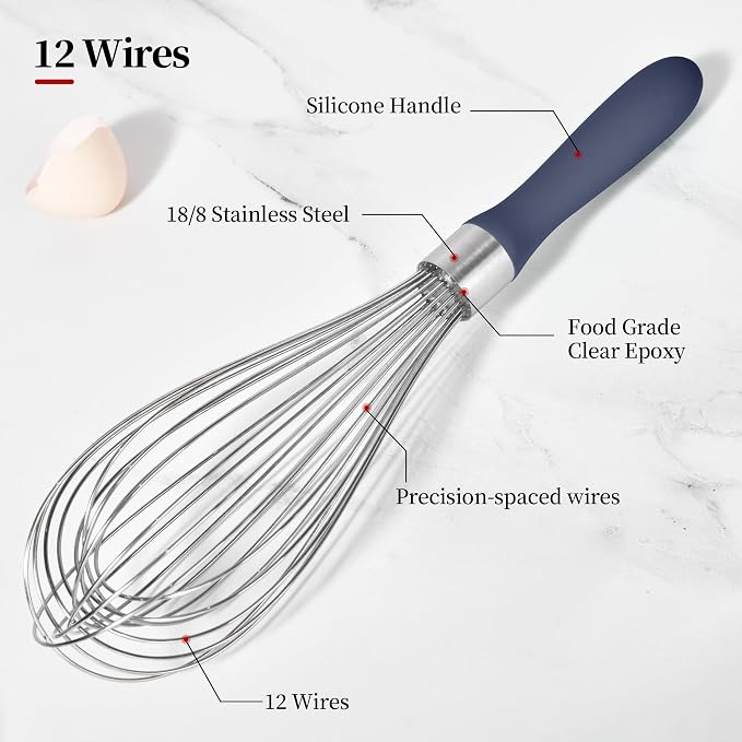 18/8 Stainless Steel Cooking Balloon Whisk (Large, Midnight Blue) | Heavy Duty Metal Kitchen Wire Whisker Wisking Tool Egg Beater Hand Mixer for Mixing Baking Beating Stirring Sauce Flour