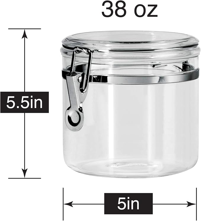 Oggi Clear Canister with Clamp Lid, 38 oz - Large Airtight Food Storage Container, for Kitchen & Pantry Storage of Bulk, Dry Foods Including Pasta, Flour, Sugar, Coffee, Rice, Tea, Spices & Herbs