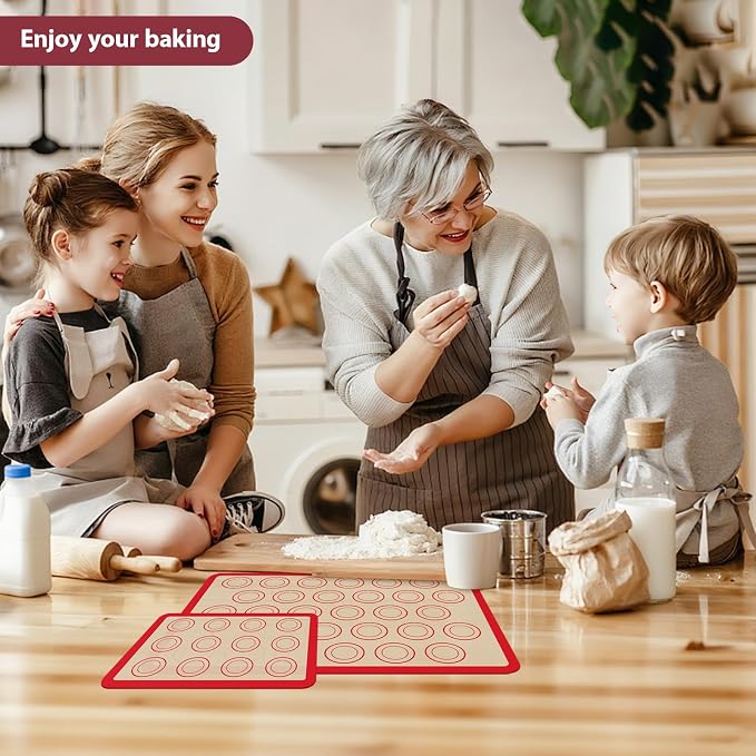 Macaron Silicone Baking Mats, Nonstick & Reusable, 3 PCS | 2 Half Sheets and 1 Quarter Sheet Mat, Easy to Clean, Silicone Macaroon Mat for Cookie, Red