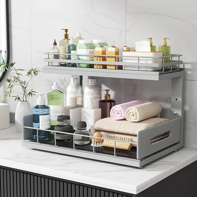 Under Sink Organizer Upgrade To Professional Rails,2-Tier Dual Pull Out Cabinet Storage,Height Adjustable Slide Out Drawers For Bathroom Kitchen,2 Pack-16.7"Dx12.8"-16.9"H,Gun Gray