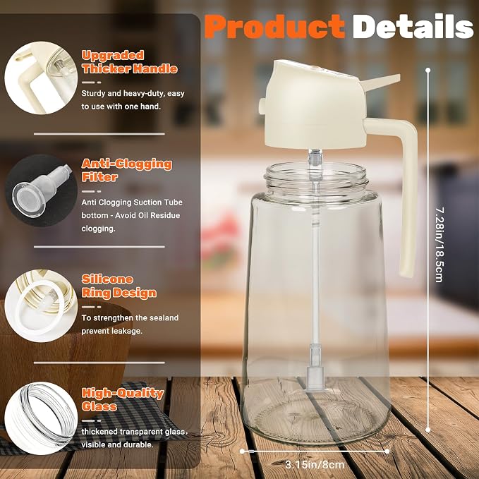 CJT 2Pcs Olive Oil Dispenser,2 in 1 Oil Sprayer for Cooking 16oz/470ml Glass Oil Bottle for Cooking, Frying, Salad, and BBQ (Black & White)