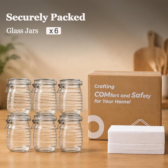 ComSaf Glass Pantry Jars with Airtight Lids 34 oz 6 Pack Wide Mouth Hobnail | Coffee beans sugar, Snacks pasta, Pickling fermenting, Pantry organization, Clear body, Countertop storage, Dry goods