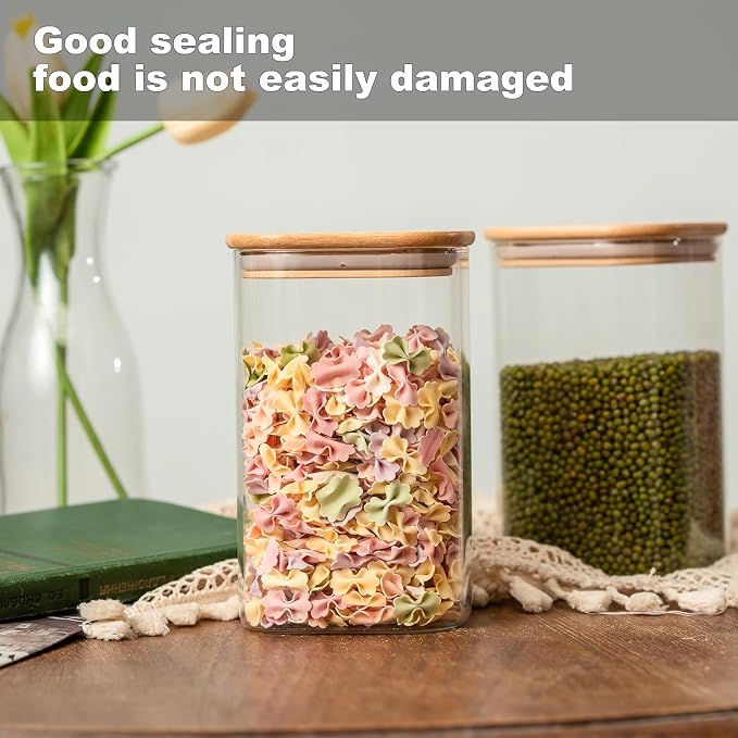 Liuruiyu 6 Pack Glass Food Storage Jars 37 oz,Glass Storage Containers Clear Glass Food Canister with Bamboo Lid Airtight For Serving Tea, Coffee, Flour, Sugar, Candy, Cookie, Spice and More (Square)