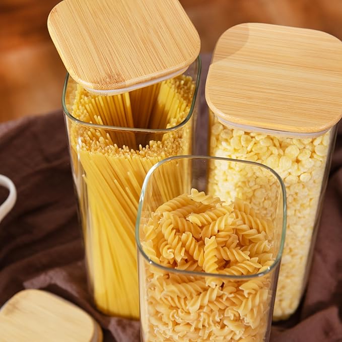 D2scrma 71oz Glass Square Storage Containers with Bamboo Lids Set of 3 (2100ml) Tall Food Storage Canisters Kitchen Jars for Pantry Organization Pasta, Penne, Macaroni, Lasagna, Fusilli