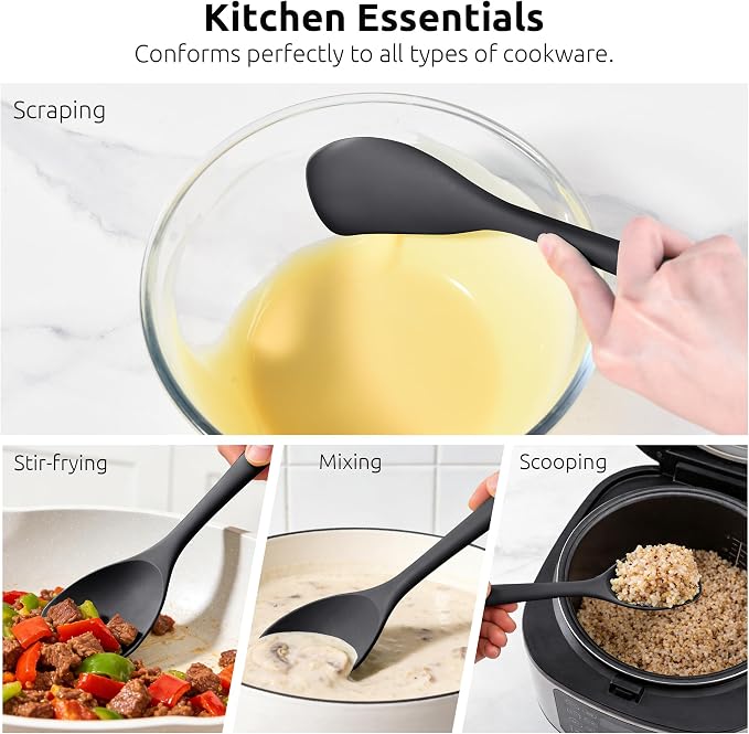 600ºF Heat Resistant Spatula Spoon: U-Taste Flexible Silicone Cooking Scoop Spoonula, Serving Mixing Scraping Food in Non-Stick Pan Cookware, Seamless Multifunctional Kitchen Utensil (Black)
