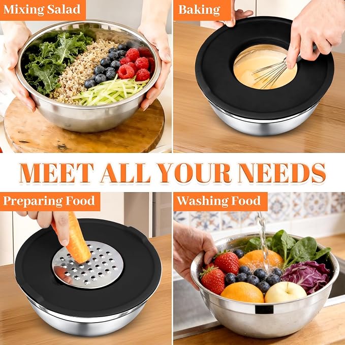 21PCS Mixing Bowls with Lids Set - 7 Nesting Mixing Bowls, 3 Graters, 11 Baking Tools, Lids, Stainless Steel Mixing Bowls for Mixing & Baking, Size 0.7/1.1/1.5/2.1/3.5/4/4.5 QT, Black