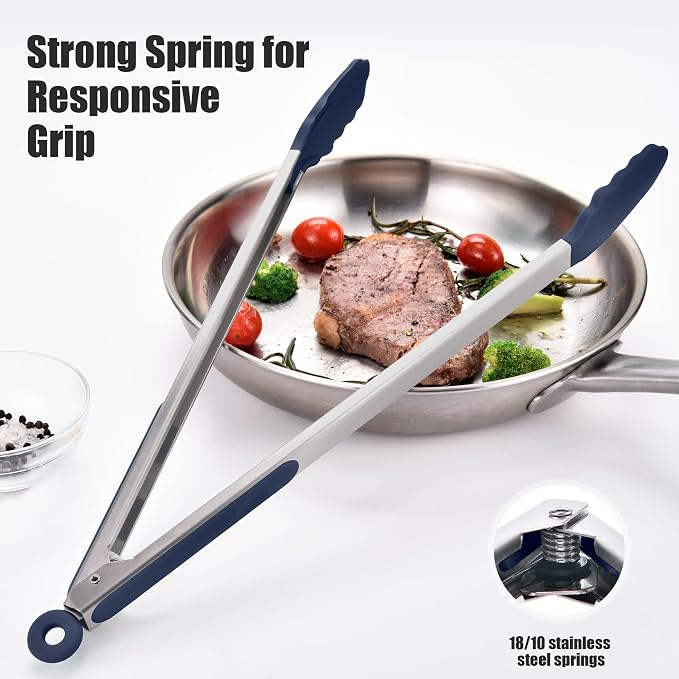 Doosu Kitchen Tongs for Cooking - 600°F Heat Resistant Food Tong with Non-Scratch Silicone Tips, Heavy Duty Stainless Steel Locking Tong for BBQ, Grilling Steak, Serving Salad Pasta (16in, Navy Blue)