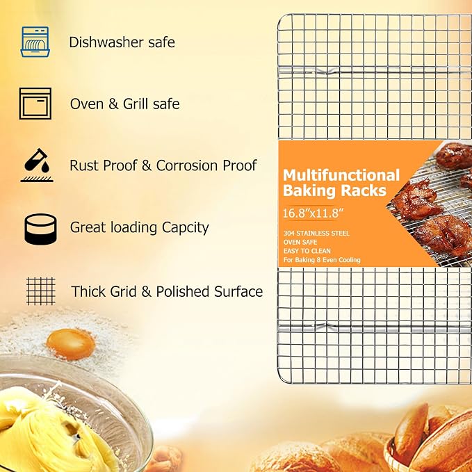 2-Pack Cooling Rack - 11.5"x16.5" Stainless Steel Baking Racks, Oven/Dishwasher Safe - Perfect for Cookies, Roasting, Grilling - Fits Half Sheet & Jelly Roll Pans