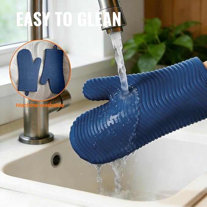 YUTAT Silicone Oven Mitts,Heat Resistant Oven Gloves with Soft Polyester Filling,Perfect for Baking and Cooking,Blue,2 Pcs Set
