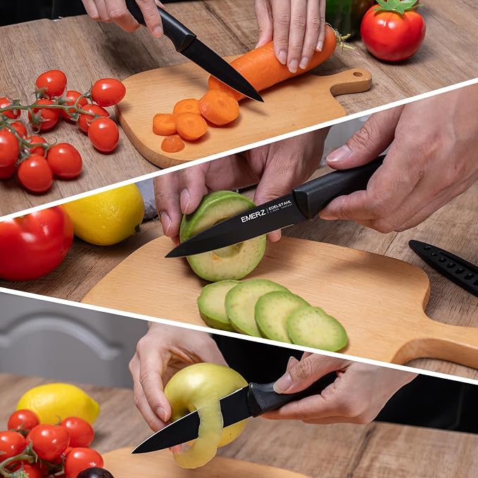 Paring Knife with Cover Sheath,Black,3.5 Inch Stainless Steel Fruit and Vegetable Knife,Paring Knives Set of 6,Ultra Sharp Small Kitchen Knife with PP Plastic Ergonomic Handle.