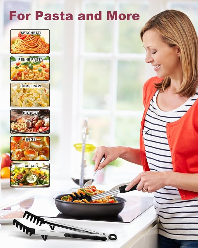 2-Piece Silicone Spaghetti Spoon and Pasta Tong Set, Heat-Resistant Non-Stick Noodle Server with Teeth, 13“ BPA-Free Spaghetti Strainer Fork, Stainless Steel Handle for Pasta Cooking, Black