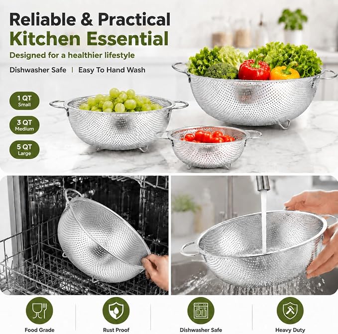 TeamFar Colander Set of 3, Stainless Steel Perforated Metal Colander Strainer with Handles for Spaghetti, Pasta, Berry, Rust Free & Dishwasher Safe - 1/3/5-quart