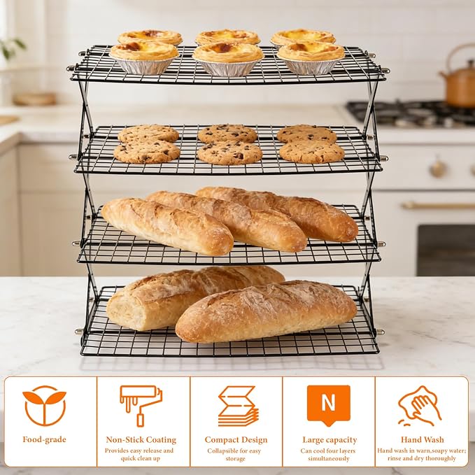 4 Tier Collapsible Cooling Rack,3 Setting Design, Adjustable & Stackable Baking Rack, for Baking, Cookies, Bread, Gifts for Baking Must Haves