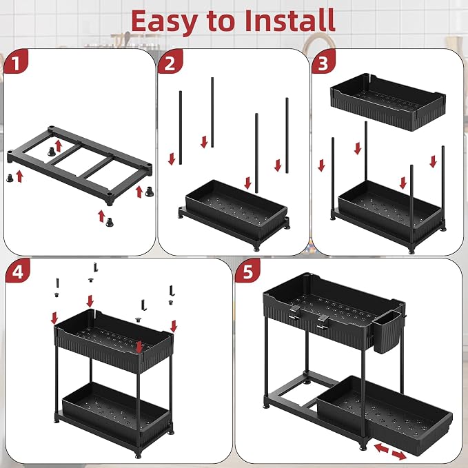 4-Pack 2-Tier Under Sink Organizer with Pull Out Drawers | Multi-use kitchen & bathroom storage. Includes hanging hooks and cups. Black, space-saving cabinet design. 14.8 Inch