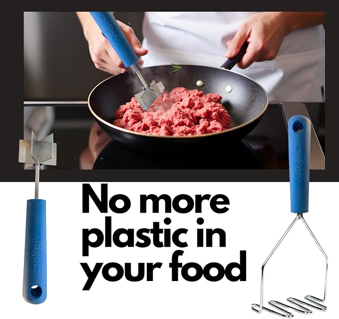 2pc Gift Set | Large Stainless Steel Meat Chopper/Cocktail Muddler & Potato Masher | 6-Blade Chopper Tool | Oversized Soft Grip Handle | Dishwasher Safe (Lagoon Blue/Lagoon blue)