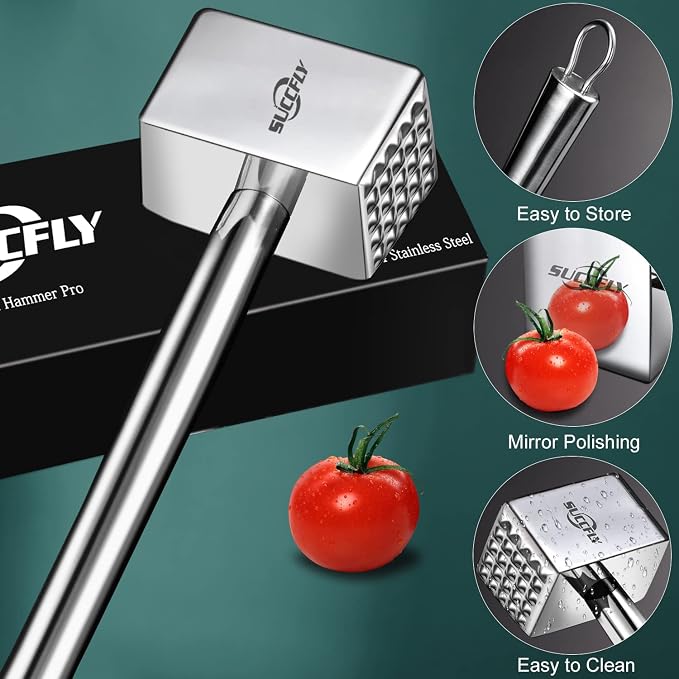SUCCFLY Meat Tenderizer Stainless Steel, Heavy Duty Meat Hammer, Kitchen Meat Mallet 1.65LB Meat Pounder Flatterner Weighted Hammer Extended Handle for Labor-saving Chicken Steak Meat Tenderizer Tool