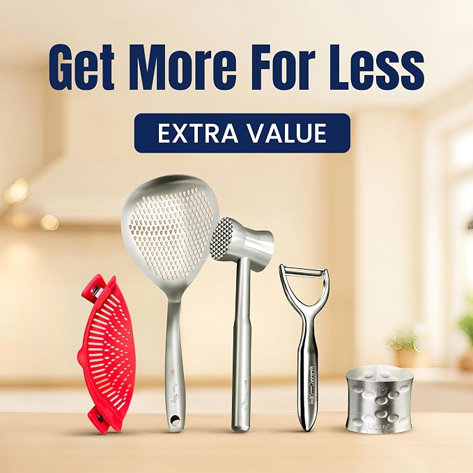 Stainless Steel Skimmer Spoon with Silicone Clip-On Strainer β Multi-Purpose Pasta Strainer, Spider Ladle, Pot Drainer Tool β Heat Resistant & Easy to Clean