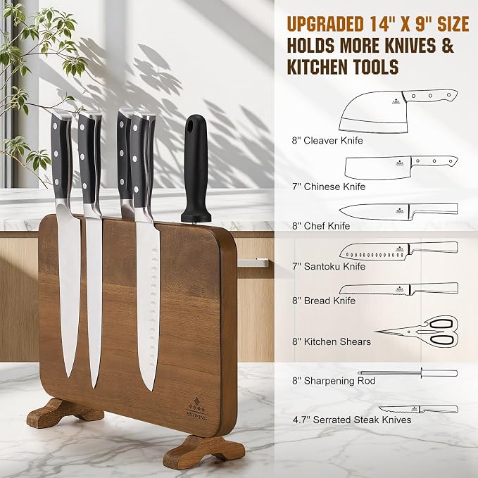 Enoking Magnetic Double-Sided Knife Block with Rotatable Stable Base, Acacia Wood Knife Holder for Countertop, Strong Magnets Safe Knife Organizer Stand, Easy to Clean Knife Storage for Home Kitchen