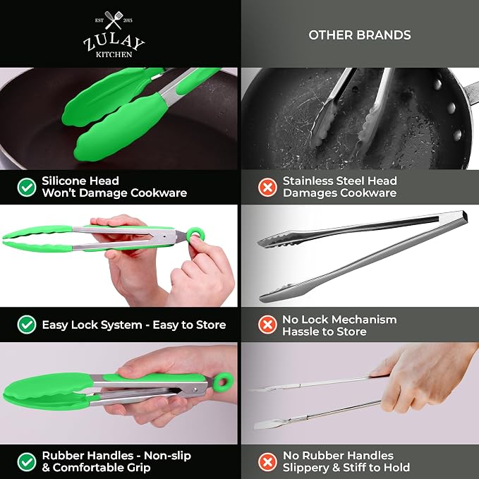 Zulay Stainless Steel Kitchen Tongs with Silicone Tips - Set of 2 (9” & 12”) Locking Cooking Tongs with Non-Slip Grip - Heat Resistant, BBQ Food Tongs for Non-Stick Cooking Pans (Silver/Light Green)