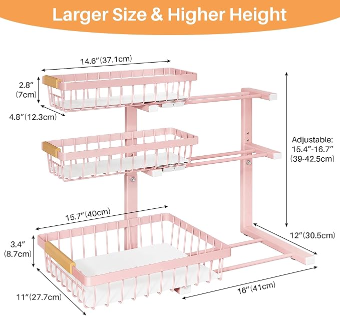 PXRACK Under Sink Organizer, 1-Pack 3-Tier Height Adjustable Thickened Metal Pull out Cabinet Organizer Shelf, Slide out Storage Drawer Rack for Bathroom Kitchen Pantry Home Organization, Pink