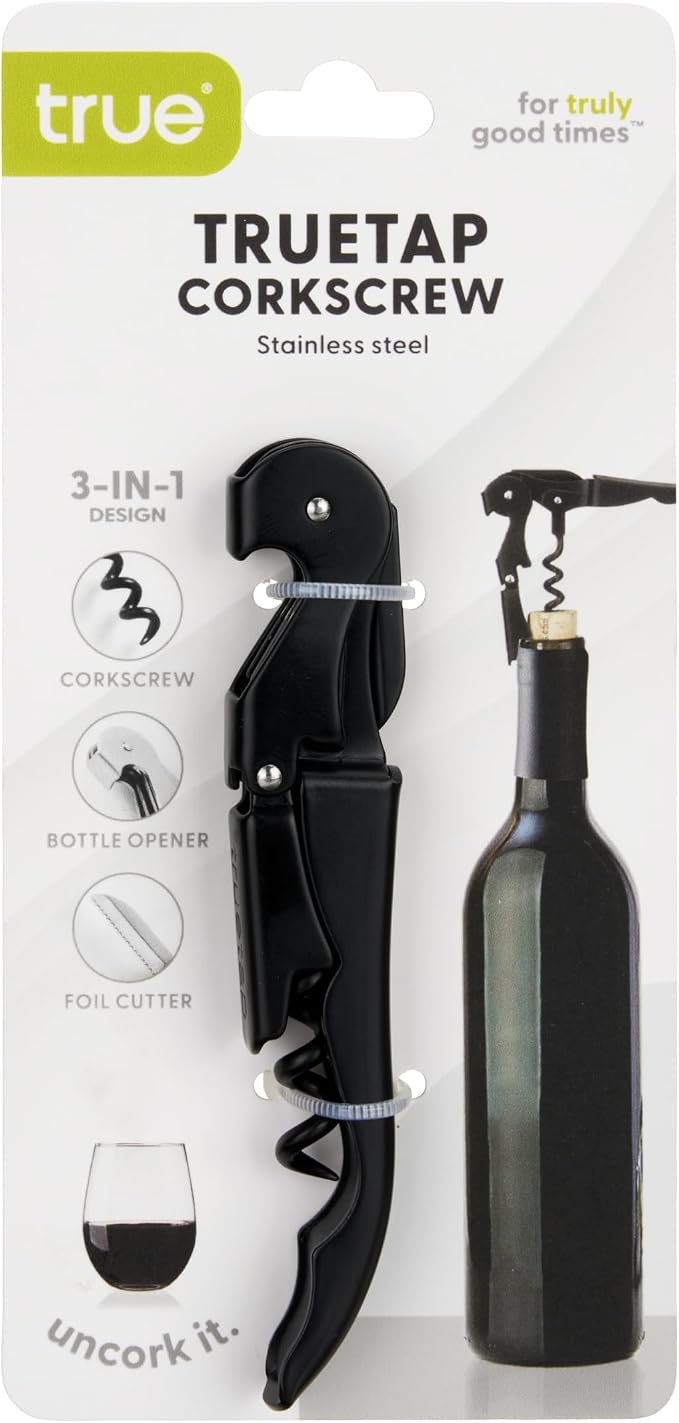 True Truetap Double Hinged Waiter's Corkscrew Wine Opener, Stainless Steel Wine Bottle Opener with Built In Foil Cutter, Home Bar Tools, Bar Cart Accessories, Wedding Gifts, Set of 1, Matte Black