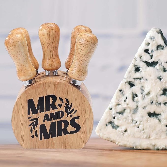 Cheese Knife Set with Wooden Holder,Cheese Spreader Knives Set of 5 for Charcuterie Board,Charcuterie Boards Accessories Charcuterie Utensils Tools Git Box (Mr Mrs)