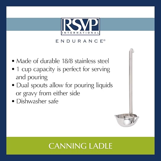 RSVP International Endurance Canning Collection Non-Reactive 18/8 Stainless Steel, Dishwasher Safe, Ladle, 13-1/2"