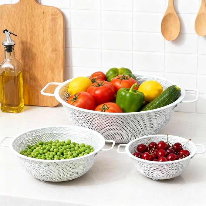 Colander Set with White Coating, Stainless Steel Micro-Perforated Colanders Strainers for Draining Rinsing Washing, Ideal for Vegetables Fruits, Heavy Duty & Dishwasher Safe