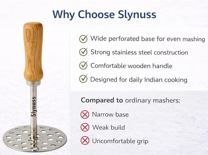 Slynuss Ā® | Potato Masher Stainless Steel | Pav Bhaji Smasher for Kitchen with Wooden Handle | Potato Smasher | kitchen utilities | Pack of 1| (Round-Size-3), 8.5 CM