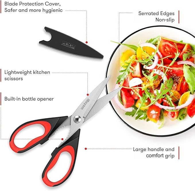 iBayam Kitchen Scissors All Purpose Heavy Duty 2 Pack with Protective Sheath, Stainless Steel Shears Kitchen Utensils Set for Cutting Food Cooking Meat Poultry Dishwasher Safe Soft Comfort-Grip