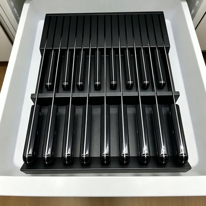 Black Painted Bamboo In-Drawer Knife Block, 17 Slot Large Capacity Knife Organizer, Upper and Lower Kitchen Steak Knife Storage Rack - Holds 8 Short Knives + 9 Long Knives