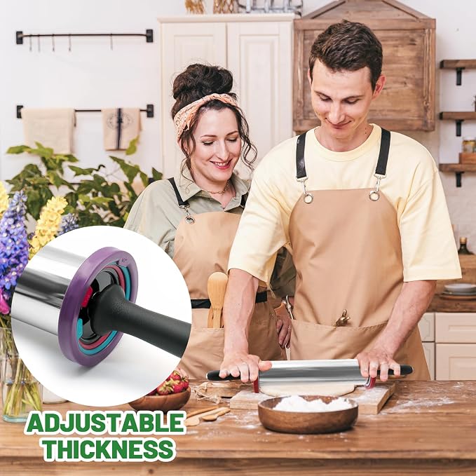 Rolling Pins,Rolling Pin and Silicone Baking Pastry Mat Set,Rolling Pins,Adjustable Stainless Steel Rolling Pin with Thickness Rings for Baking Dough,Pizza,Pie,Pasta(Red Mat)