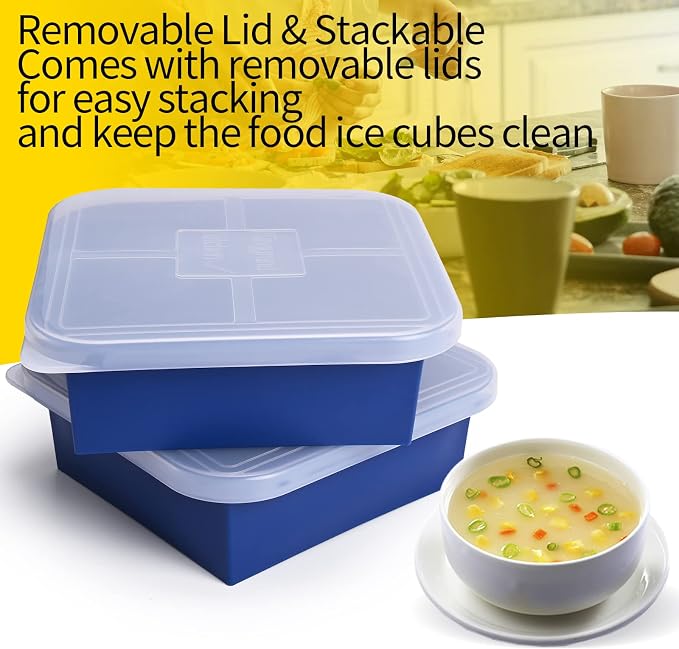 4 Cup Silicone Freezer Molds 2 Pack Soup Cubes Freezer Trays with Lid Easy Release Ice Cube Tray For Food Freezing Container Store Sauce, Broth, Leftovers