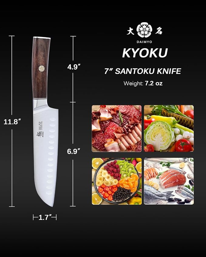 KYOKU 7 Inch Santoku Knife - Daimyo Series - Asian Knife Japanese Chef Knife with Ergonomic Rosewood Handle, & Mosaic Pin - Japanese Style 440C Stainless Steel Kitchen Knife with Sheath & Case