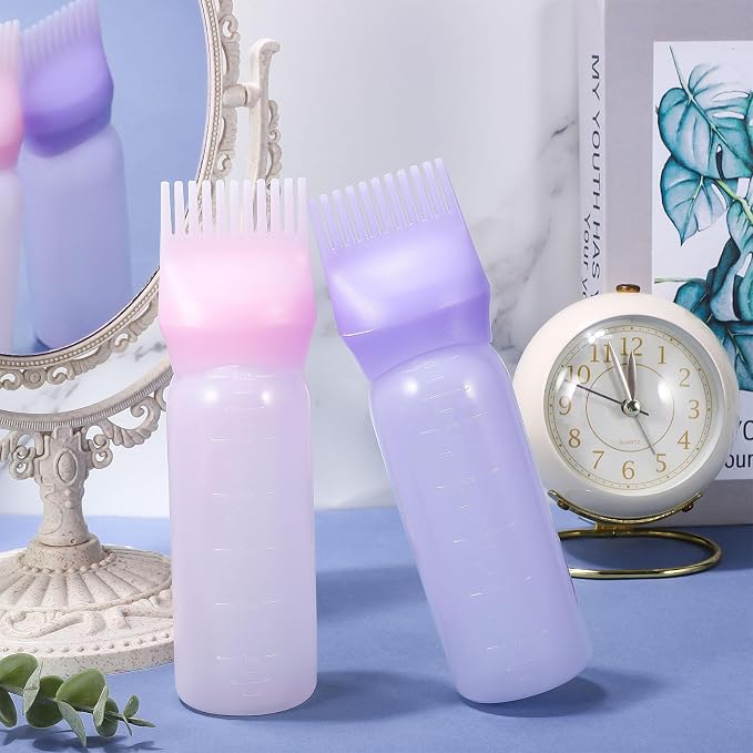 Pimoys 6Oz Root Comb Hair Dye Oil Applicator Bottles for Scalp, Purple | Plastic Squeeze Bottle Dispenser with Graduated Scale, Comb Tip Applicator For Hair Coloring Scalp Oiling, Home Salon Use