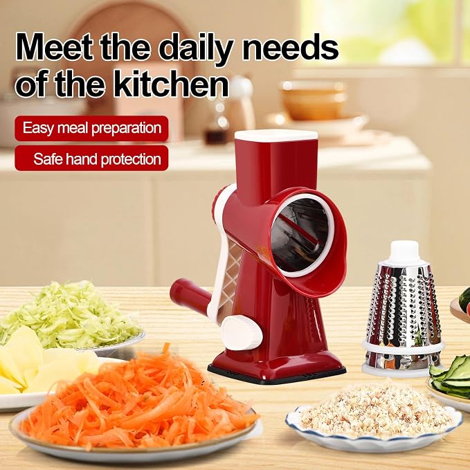 Rotary Cheese Grater Manual Hand Crank 3-in-1 Vegetable Shredder | Finger-safe design, stainless steel drums, suction base. Perfect for cheese, vegetables, nuts & chocolate. Easy to clean