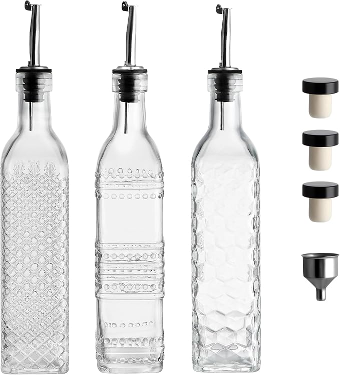MDLUU Oil and Vinegar Dispenser Set, 17oz Clear Glass Olive Oil Bottles, Kitchen Vinegar Decanters with 3 Spouts, 3 Plugs, 1 Funnel, Pack of 3