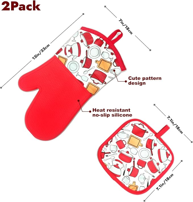 LYART Heat Resistant Silicone Oven Mitts and Hot Pads Set, Non-Slip with Cotton Lining, for Kitchen Baking Cooking BBQ (Red, 1pair Mitts + 1pair Pads)