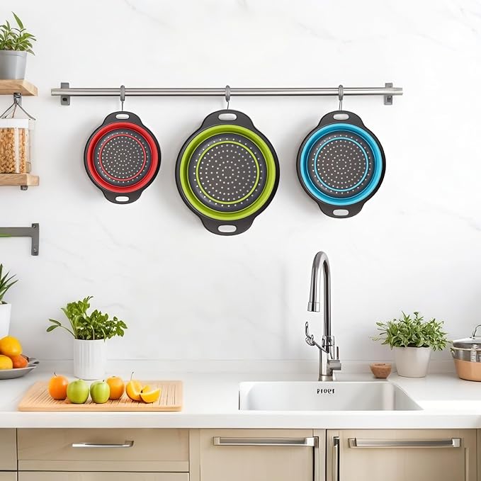 Collapsible Colander 3-Pack Set Space-Saving Foldable Kitchen Strainer with Non-Slip Base Durable Thickened PP+TPE Collapsible Strainers for Pasta, Vegetables, Fruits (Gray-Blue-Red-Green)