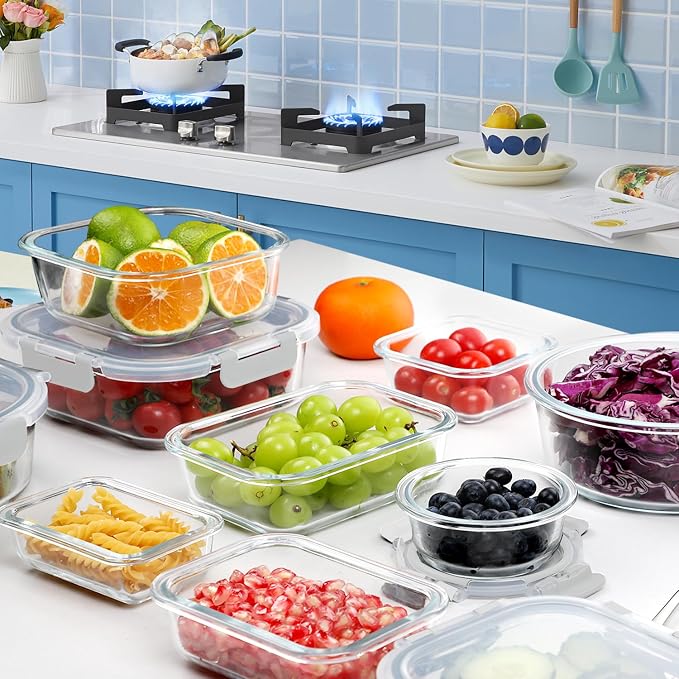 VERONES 30 Pieces Glass Food Storage Containers Set with Lids, White | Stackable Glass Meal Prep Containers Set with Lids, Airtight Lunch Containers, for Microwave, Oven, Freezer & Dishwasher